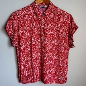 Ferrioni Women's Short Sleeve 1/2 Button Pop Over Blouse Red Size M Lightweight